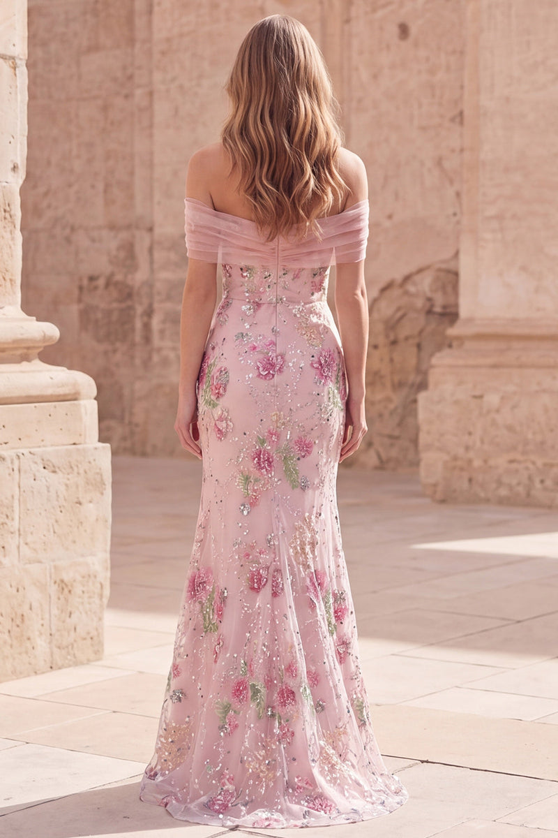Laden Sie das Bild in den Galerie-Viewer, Schulterfreies, pinkes Meerjungfrauen-Langballkleid mit Perlen