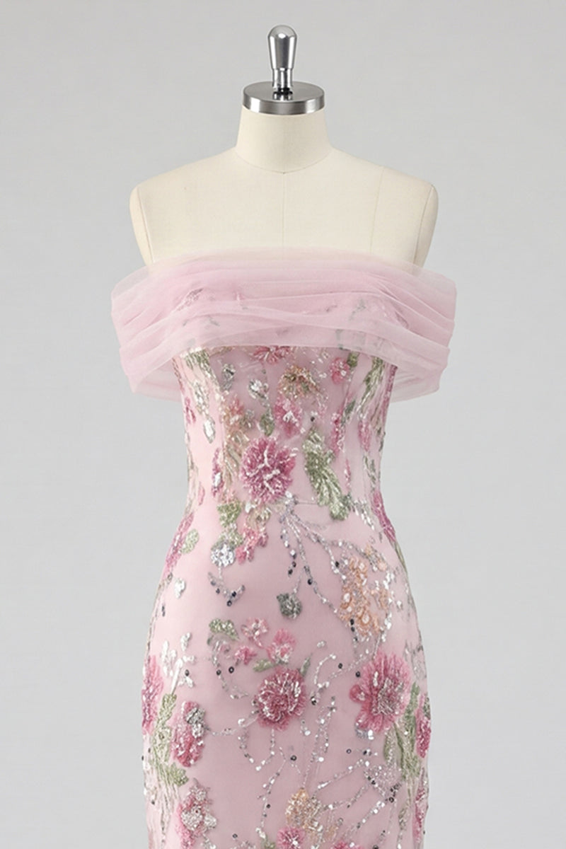 Laden Sie das Bild in den Galerie-Viewer, Schulterfreies, pinkes Meerjungfrauen-Langballkleid mit Perlen