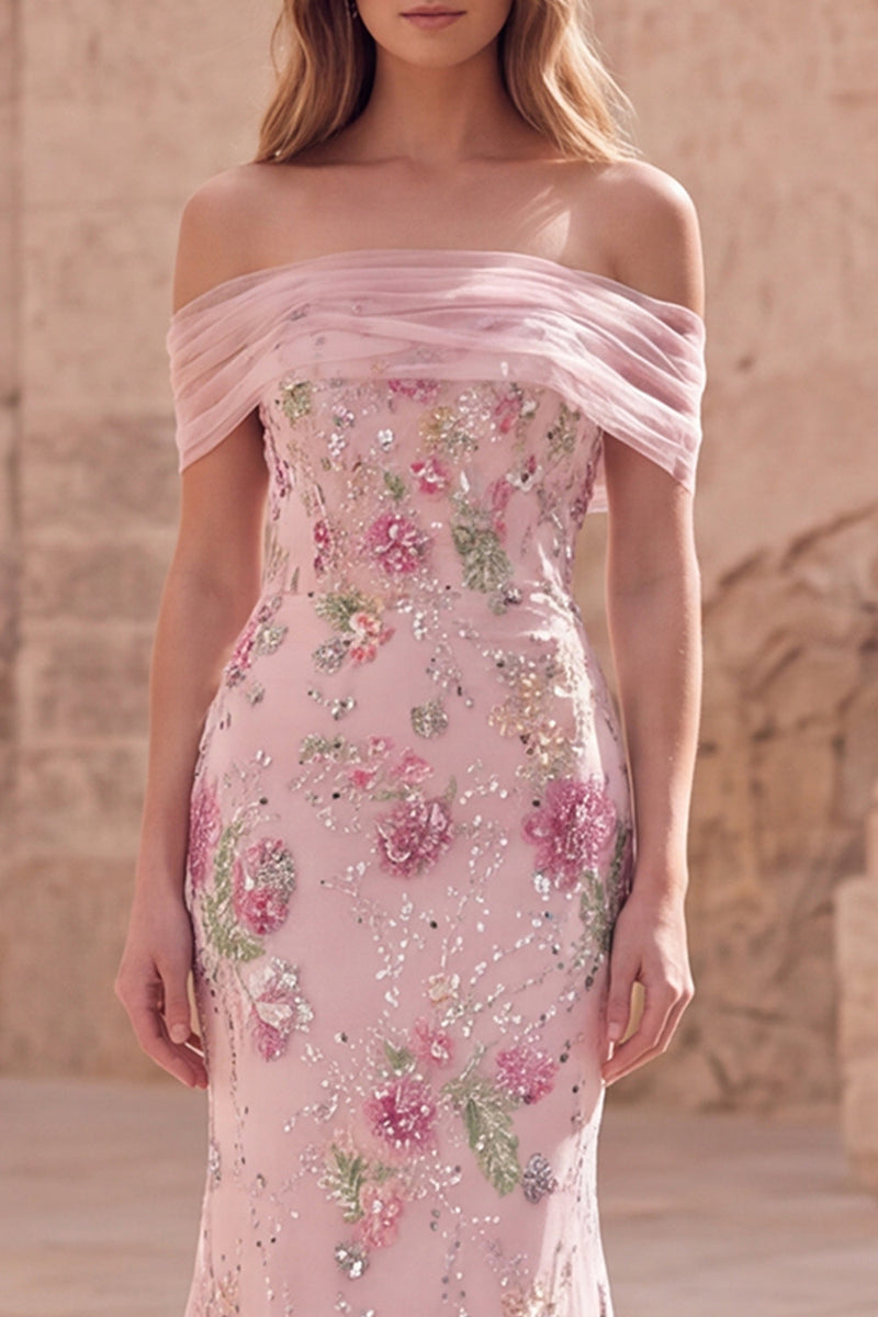 Laden Sie das Bild in den Galerie-Viewer, Schulterfreies, pinkes Meerjungfrauen-Langballkleid mit Perlen