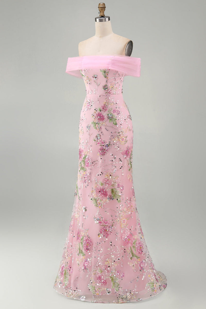 Laden Sie das Bild in den Galerie-Viewer, Schulterfreies, pinkes Meerjungfrauen-Langballkleid mit Perlen