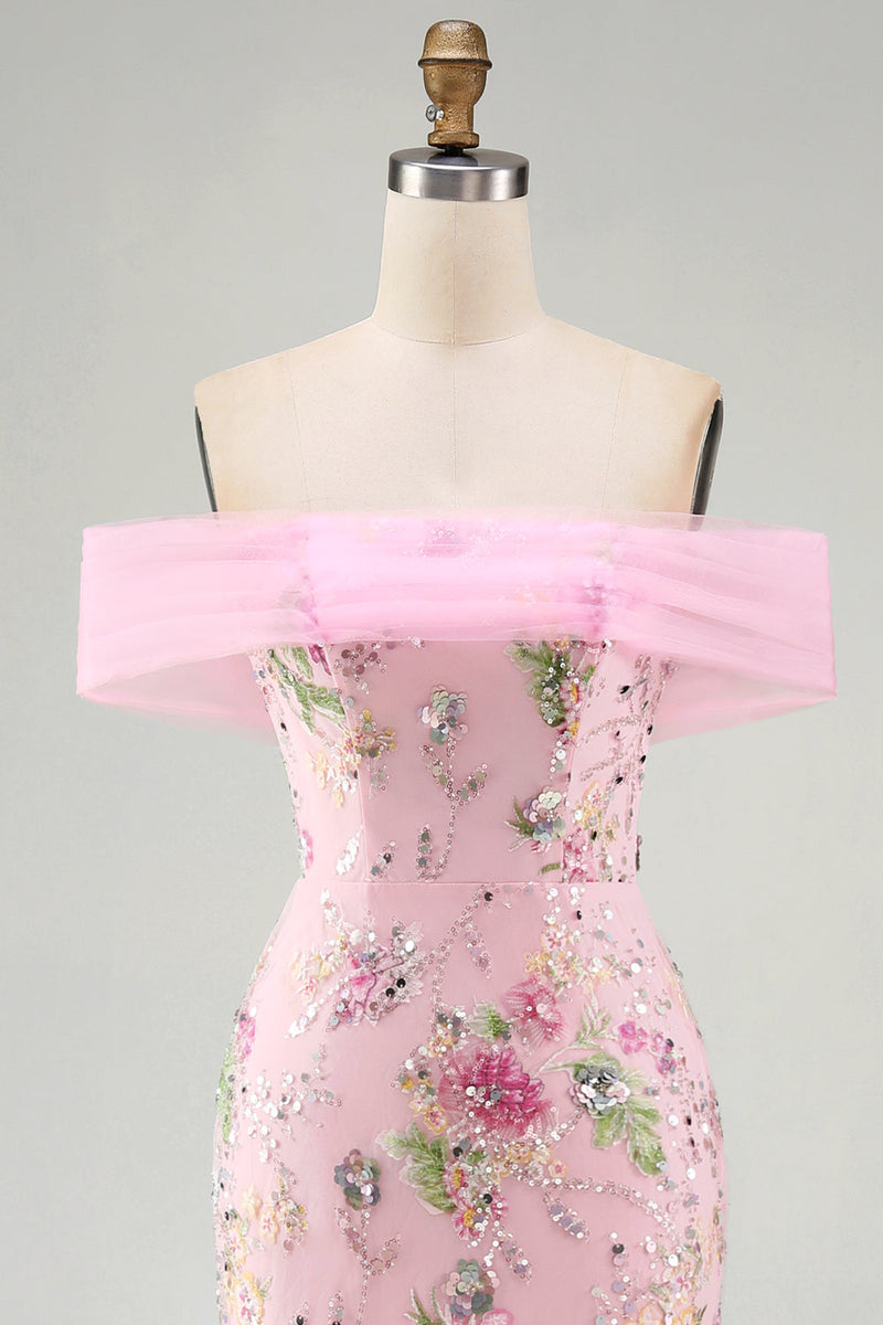 Laden Sie das Bild in den Galerie-Viewer, Schulterfreies, pinkes Meerjungfrauen-Langballkleid mit Perlen
