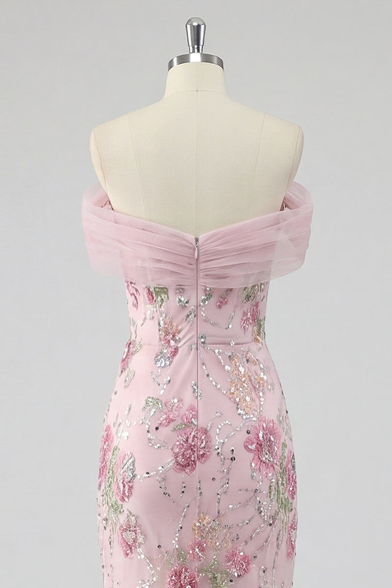 Laden Sie das Bild in den Galerie-Viewer, Schulterfreies, pinkes Meerjungfrauen-Langballkleid mit Perlen