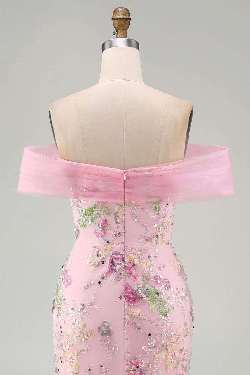 Laden Sie das Bild in den Galerie-Viewer, Schulterfreies, pinkes Meerjungfrauen-Langballkleid mit Perlen