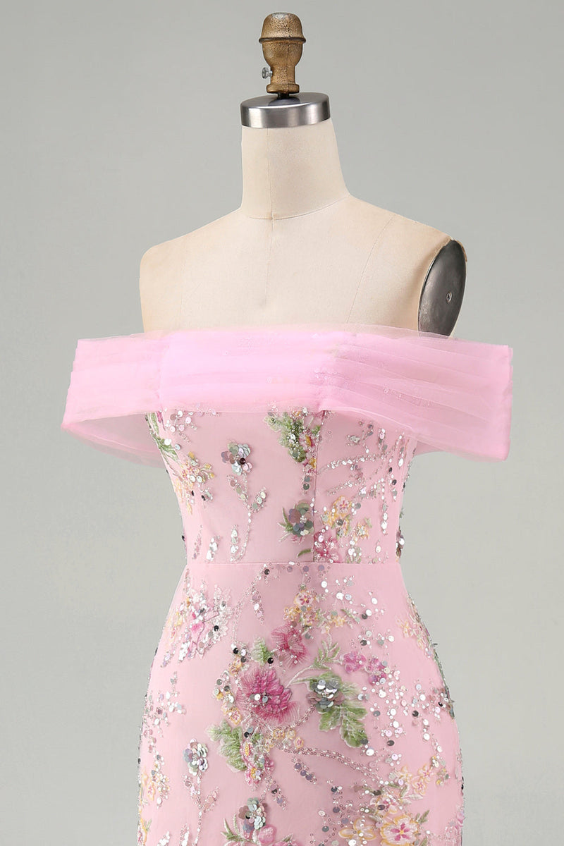 Laden Sie das Bild in den Galerie-Viewer, Schulterfreies, pinkes Meerjungfrauen-Langballkleid mit Perlen