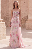Laden Sie das Bild in den Galerie-Viewer, Trägerloses, rosa Meerjungfrauen-Perlen-Perlen-Langballkleid mit Schärpe