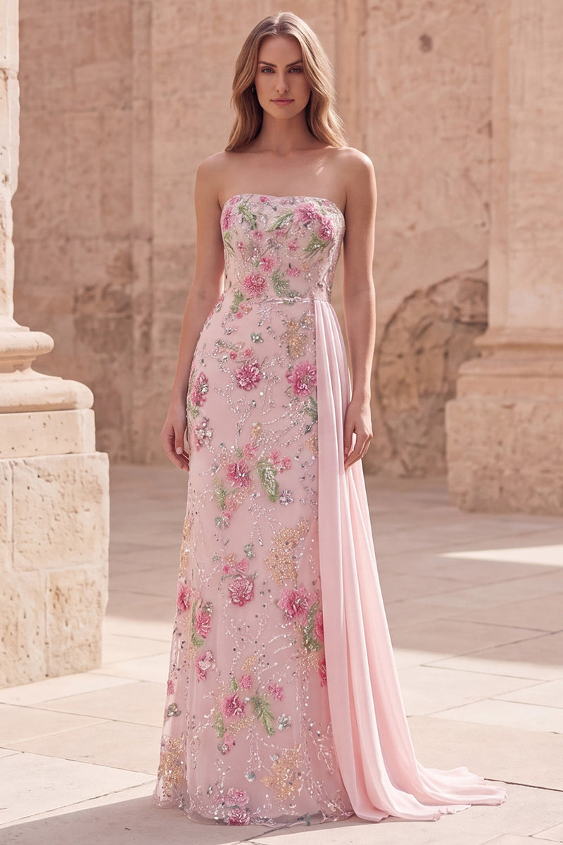 Laden Sie das Bild in den Galerie-Viewer, Trägerloses, rosa Meerjungfrauen-Perlen-Perlen-Langballkleid mit Schärpe