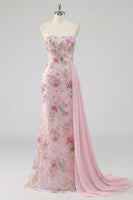 Laden Sie das Bild in den Galerie-Viewer, Trägerloses, rosa Meerjungfrauen-Perlen-Perlen-Langballkleid mit Schärpe