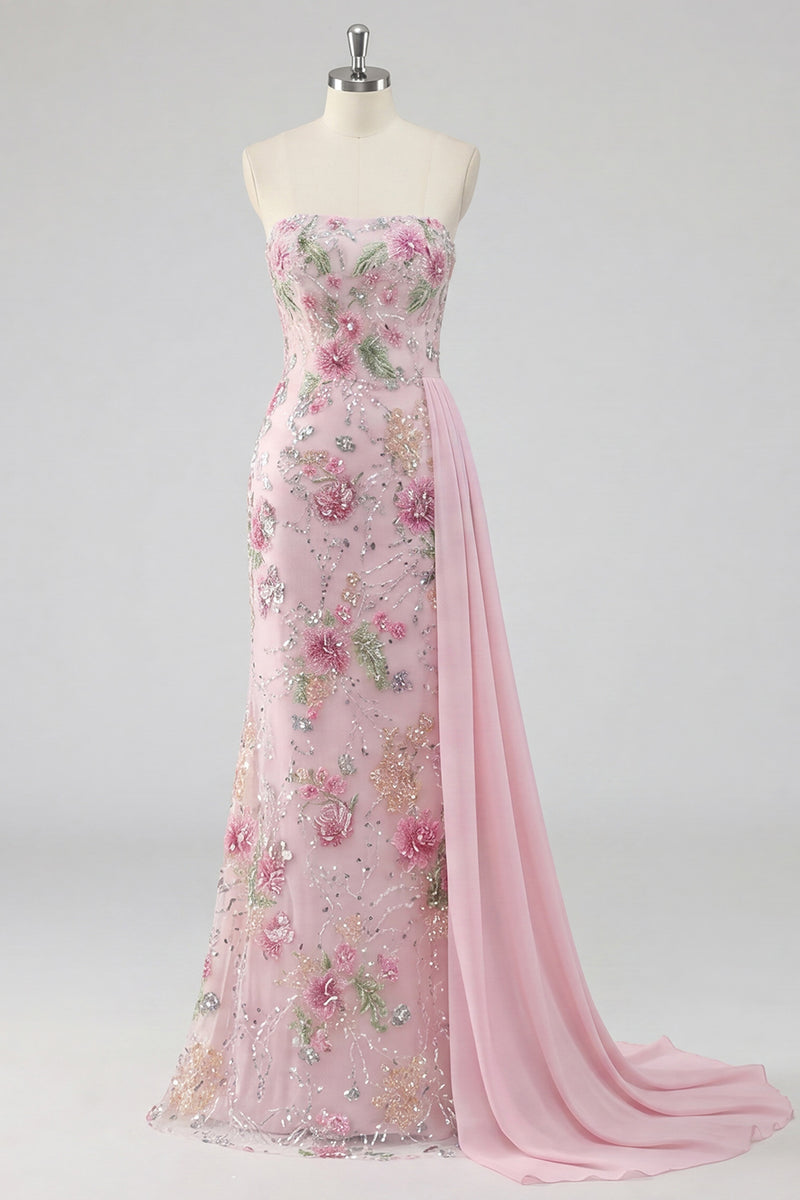 Laden Sie das Bild in den Galerie-Viewer, Trägerloses, rosa Meerjungfrauen-Perlen-Perlen-Langballkleid mit Schärpe