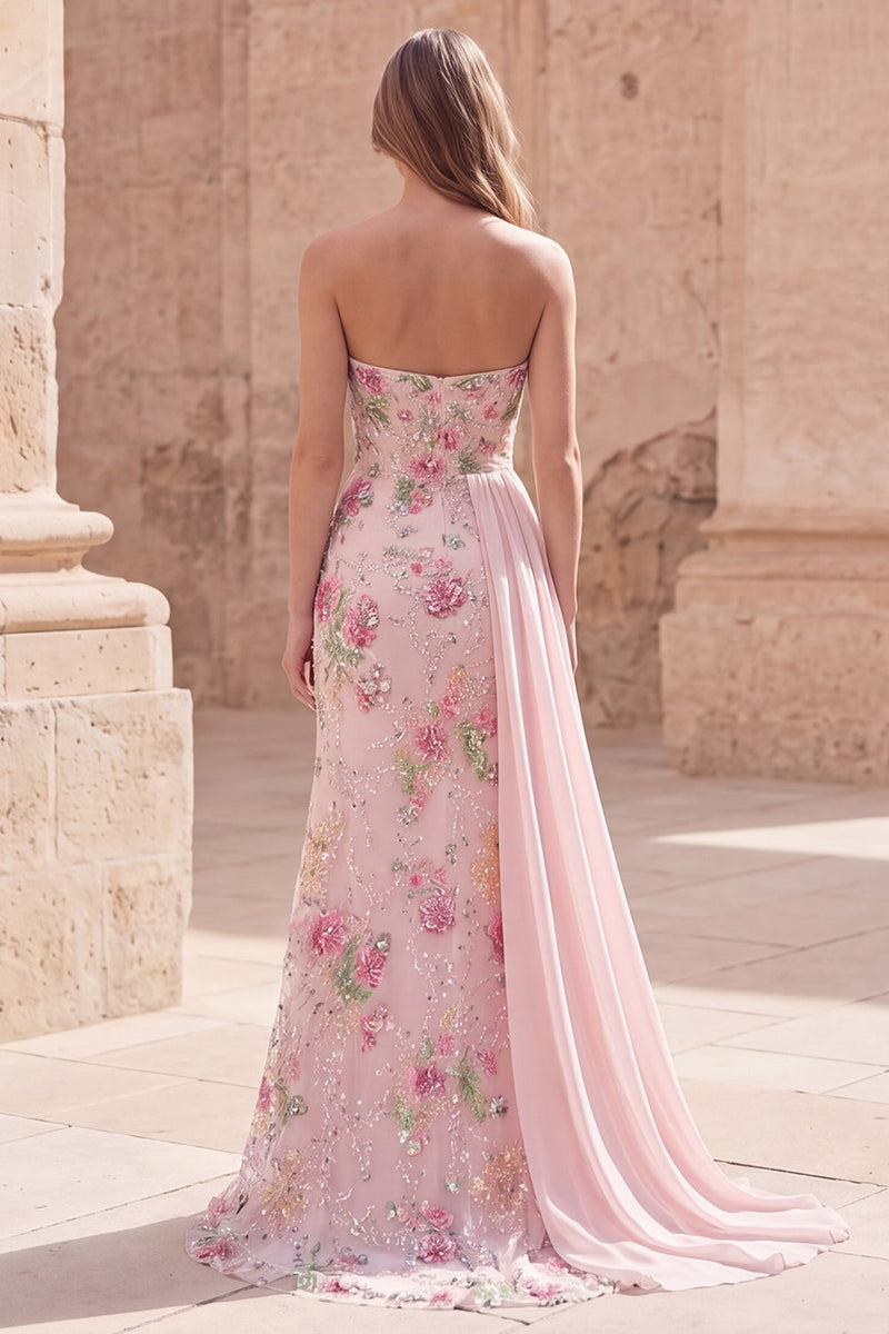 Laden Sie das Bild in den Galerie-Viewer, Trägerloses, rosa Meerjungfrauen-Perlen-Perlen-Langballkleid mit Schärpe