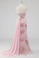 Laden Sie das Bild in den Galerie-Viewer, Trägerloses, rosa Meerjungfrauen-Perlen-Perlen-Langballkleid mit Schärpe