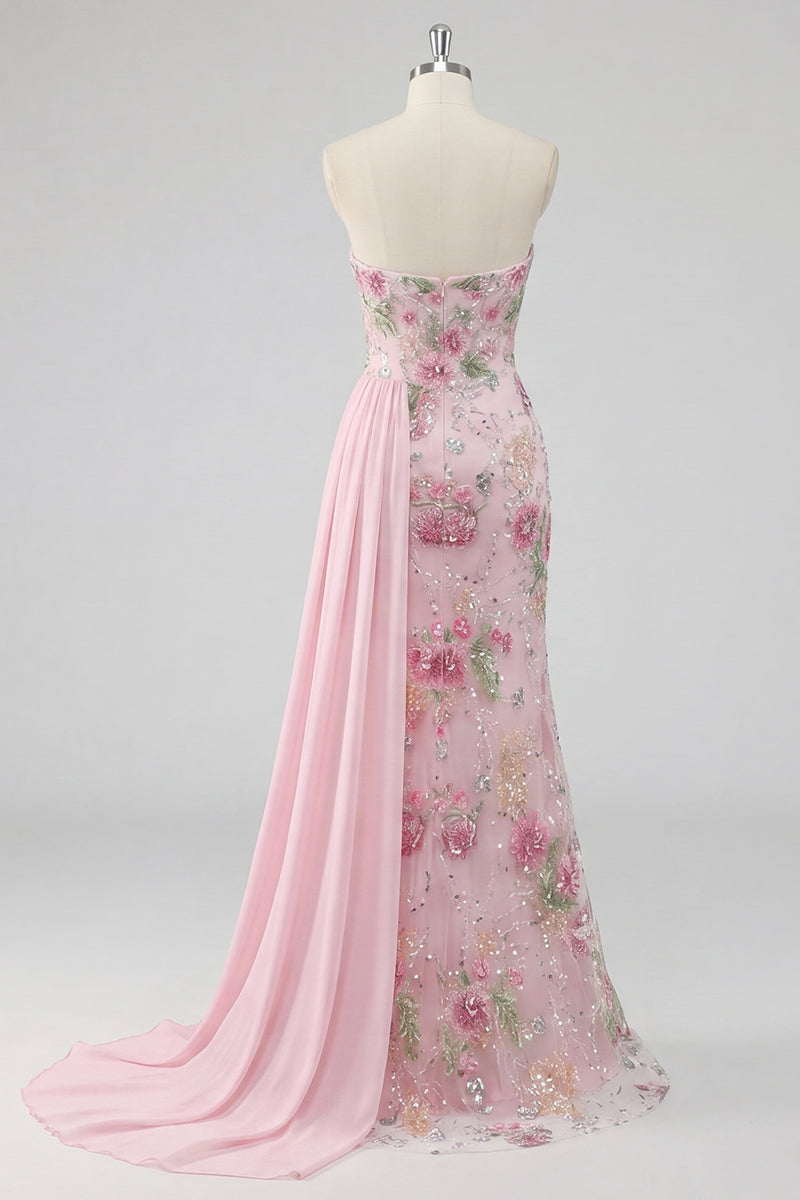 Laden Sie das Bild in den Galerie-Viewer, Trägerloses, rosa Meerjungfrauen-Perlen-Perlen-Langballkleid mit Schärpe