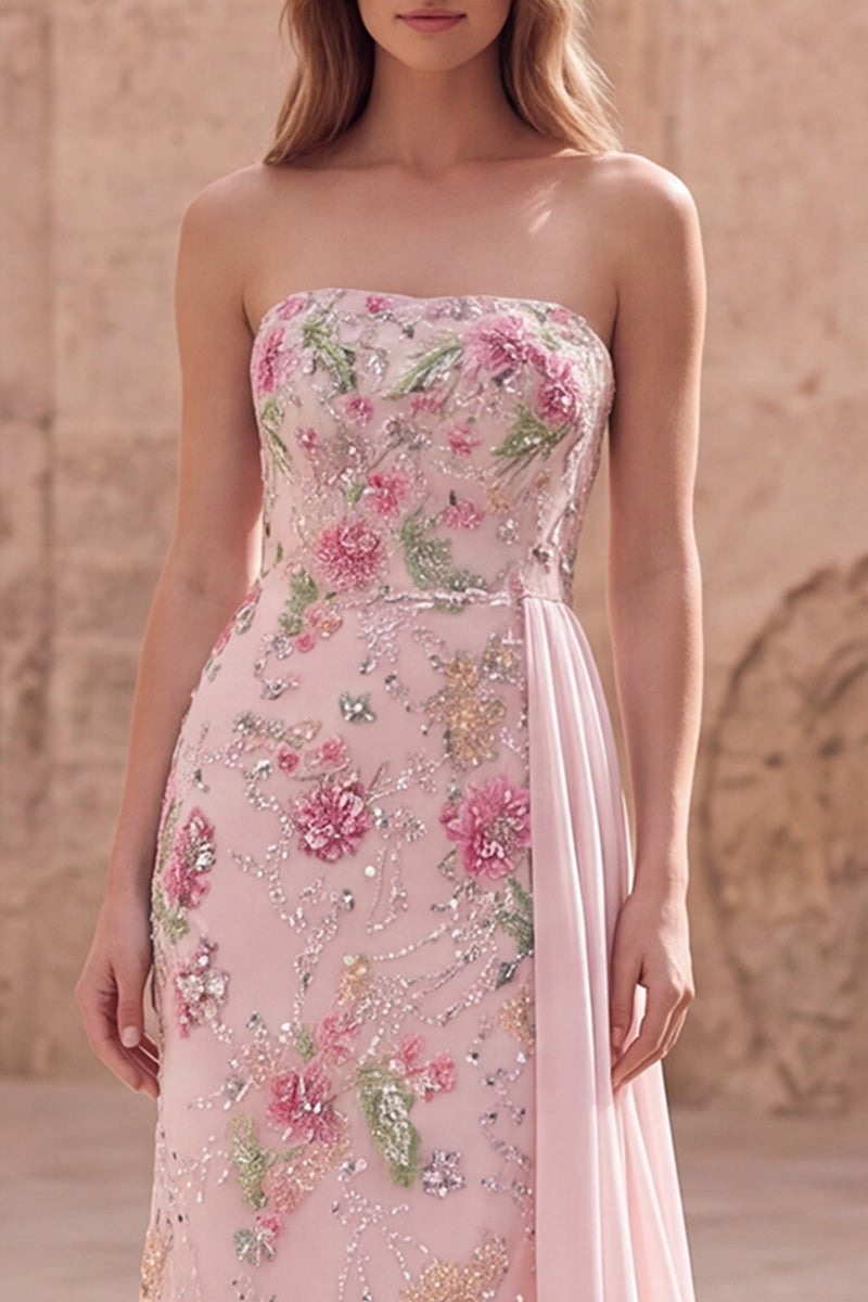 Laden Sie das Bild in den Galerie-Viewer, Trägerloses, rosa Meerjungfrauen-Perlen-Perlen-Langballkleid mit Schärpe