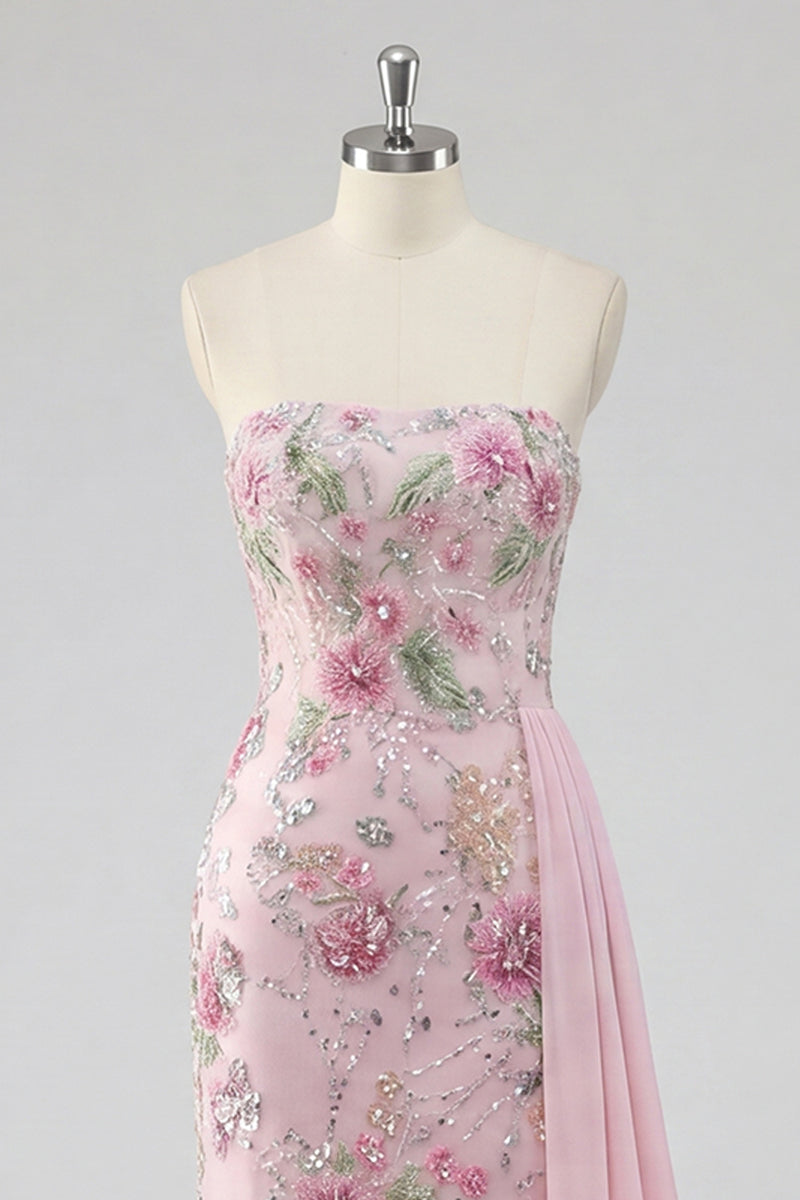 Laden Sie das Bild in den Galerie-Viewer, Trägerloses, rosa Meerjungfrauen-Perlen-Perlen-Langballkleid mit Schärpe