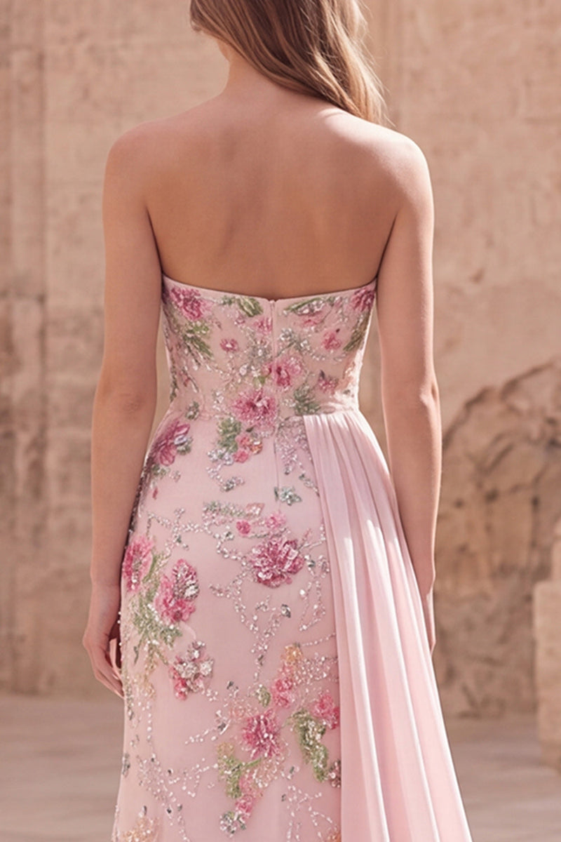 Laden Sie das Bild in den Galerie-Viewer, Trägerloses, rosa Meerjungfrauen-Perlen-Perlen-Langballkleid mit Schärpe