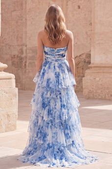 Weißblaues, blumiges trägerloses, gestuftes, mit Rüschen versehenes langes Abschlussballkleid mit A-Linie