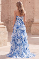Laden Sie das Bild in den Galerie-Viewer, Trägerloses, weiß-blaues, blumiges, gerafftes, langes Abschlussballkleid mit A-Linie