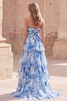 Trägerloses, weiß-blaues, blumiges, gerafftes, langes Abschlussballkleid mit A-Linie