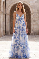 Laden Sie das Bild in den Galerie-Viewer, A-Linie weiß-blaue Chiffon-Spaghetti-Träger langes Abschlussballkleid