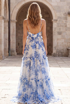 A-Linie weiß-blaue Chiffon-Spaghetti-Träger langes Abschlussballkleid