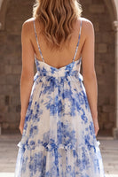 Laden Sie das Bild in den Galerie-Viewer, A-Linie weiß-blaue Chiffon-Spaghetti-Träger langes Abschlussballkleid