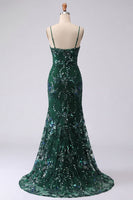 Laden Sie das Bild in den Galerie-Viewer, Glitzerndes dunkelgrünes Meerjungfrauen-Spaghettiträger Pailletten, langes Abschlussballkleid mit Schlitz