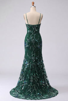 Glitzerndes dunkelgrünes Meerjungfrauen-Spaghettiträger Pailletten, langes Abschlussballkleid mit Schlitz