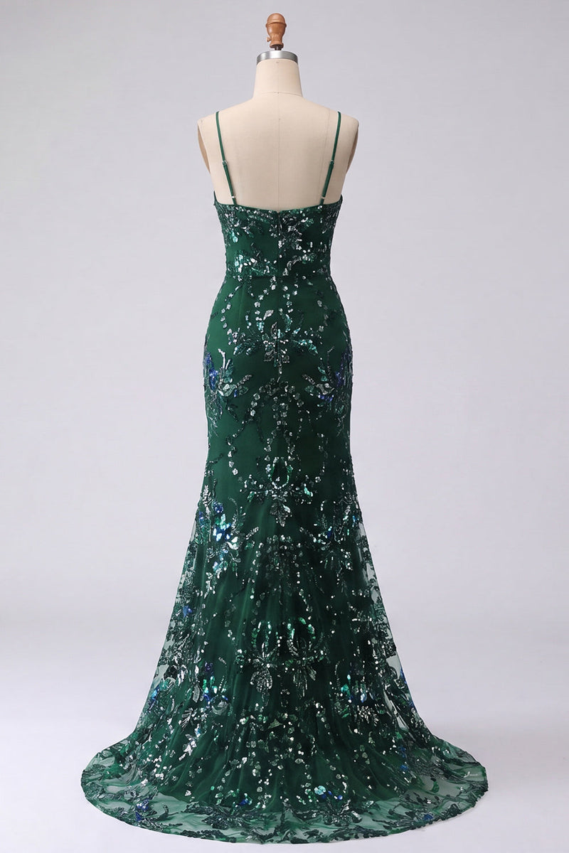 Laden Sie das Bild in den Galerie-Viewer, Glitzerndes dunkelgrünes Meerjungfrauen-Spaghettiträger Pailletten, langes Abschlussballkleid mit Schlitz