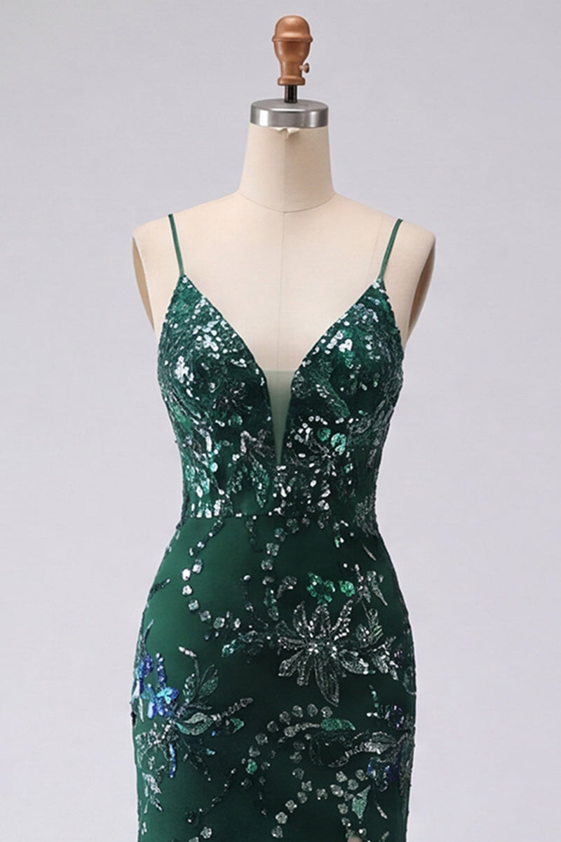Laden Sie das Bild in den Galerie-Viewer, Glitzerndes dunkelgrünes Meerjungfrauen-Spaghettiträger Pailletten, langes Abschlussballkleid mit Schlitz