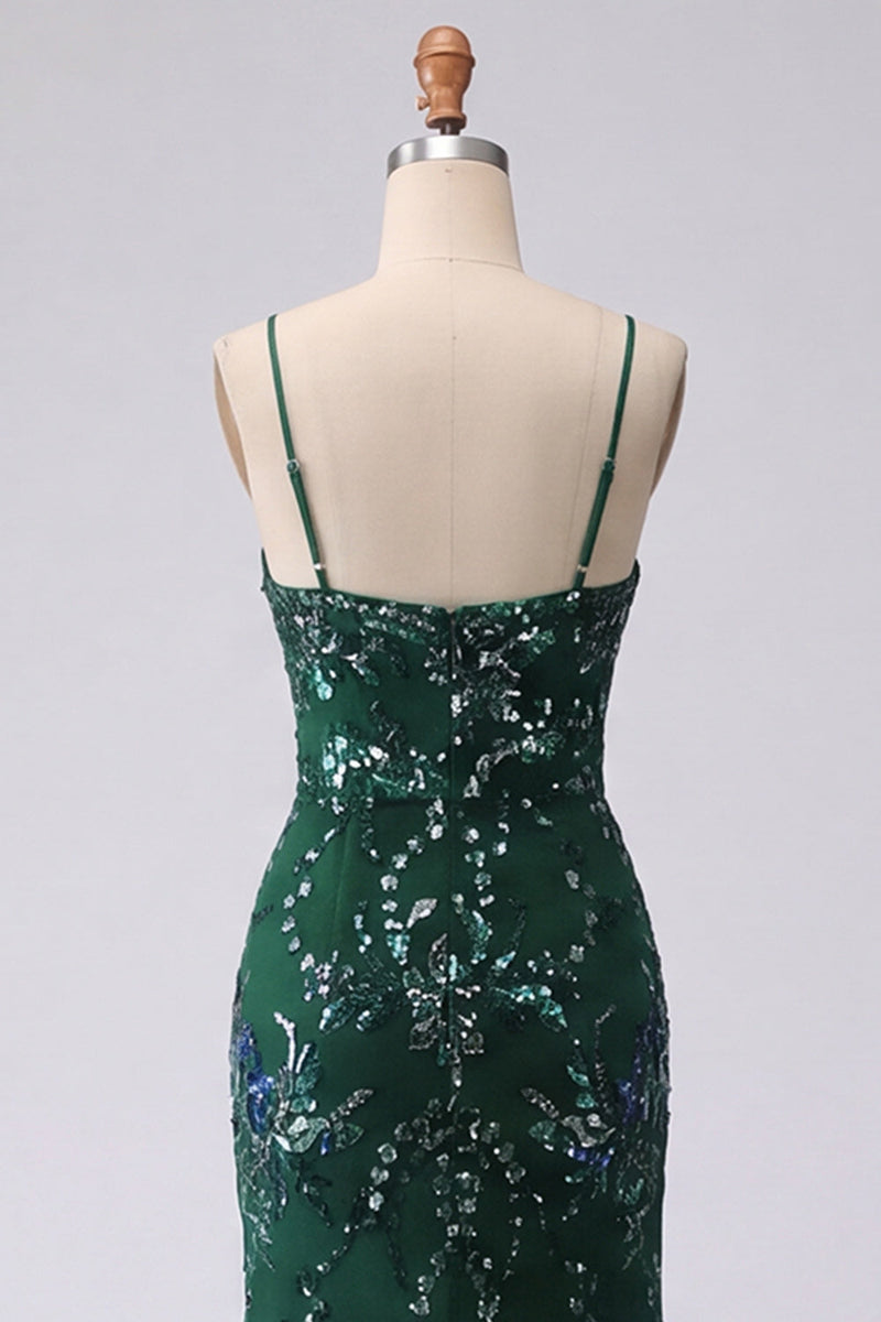 Laden Sie das Bild in den Galerie-Viewer, Glitzerndes dunkelgrünes Meerjungfrauen-Spaghettiträger Pailletten, langes Abschlussballkleid mit Schlitz