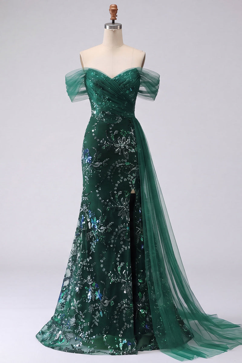 Laden Sie das Bild in den Galerie-Viewer, Glitzerndes schulterfreies, dunkelgrünes Meerjungfrauen-Pailletten, langes Abschlussballkleid mit Schlitz