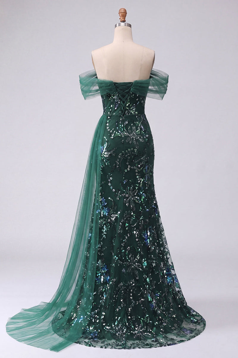 Laden Sie das Bild in den Galerie-Viewer, Glitzerndes schulterfreies, dunkelgrünes Meerjungfrauen-Pailletten, langes Abschlussballkleid mit Schlitz