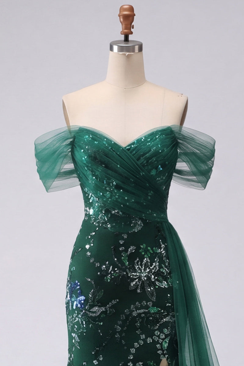 Laden Sie das Bild in den Galerie-Viewer, Glitzerndes schulterfreies, dunkelgrünes Meerjungfrauen-Pailletten, langes Abschlussballkleid mit Schlitz
