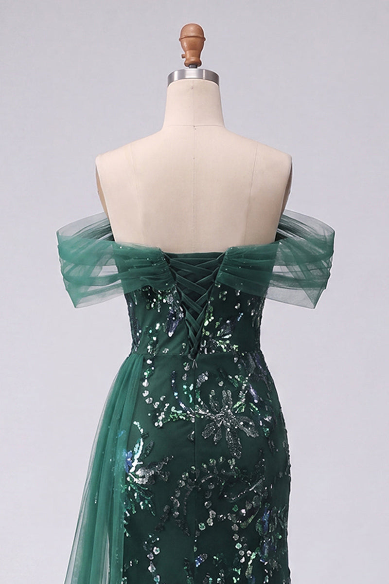 Laden Sie das Bild in den Galerie-Viewer, Glitzerndes schulterfreies, dunkelgrünes Meerjungfrauen-Pailletten, langes Abschlussballkleid mit Schlitz