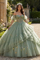 Laden Sie das Bild in den Galerie-Viewer, Staubiges Salbei Off-the-Shoulder Blumen Korsett Tüll Abschlusskleid