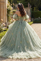 Laden Sie das Bild in den Galerie-Viewer, Staubiges Salbei Off-the-Shoulder Blumen Korsett Tüll Abschlusskleid