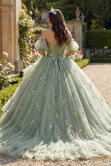 Staubiges Salbei Off-the-Shoulder Blumen Korsett Tüll Abschlusskleid