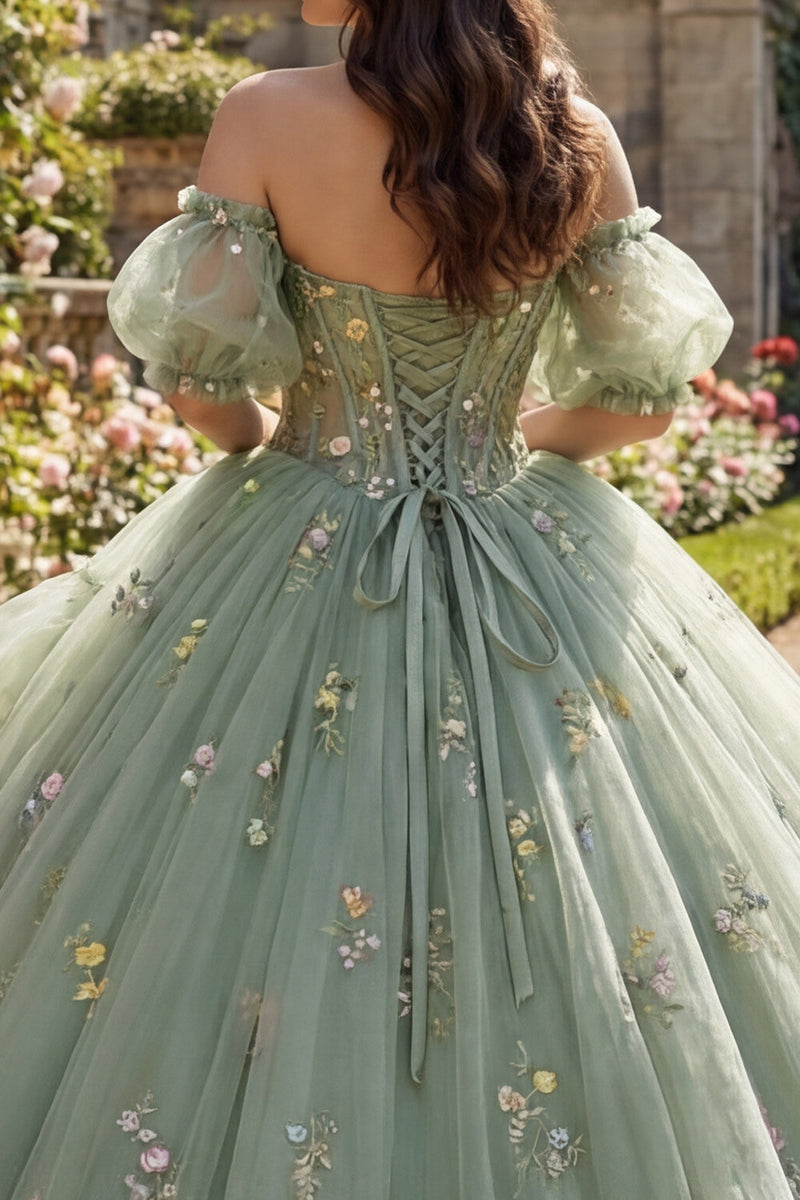 Laden Sie das Bild in den Galerie-Viewer, Staubiges Salbei Off-the-Shoulder Blumen Korsett Tüll Abschlusskleid
