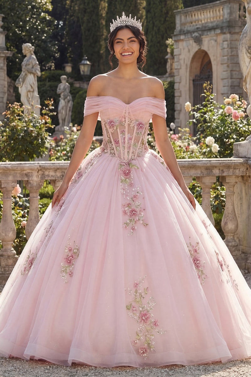 Laden Sie das Bild in den Galerie-Viewer, Off-the-shoulder Korsett Rosa Ballkleid Blumen Abschlusskleid
