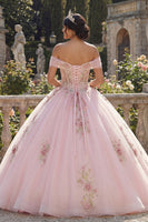 Laden Sie das Bild in den Galerie-Viewer, Off-the-shoulder Korsett Rosa Ballkleid Blumen Abschlusskleid