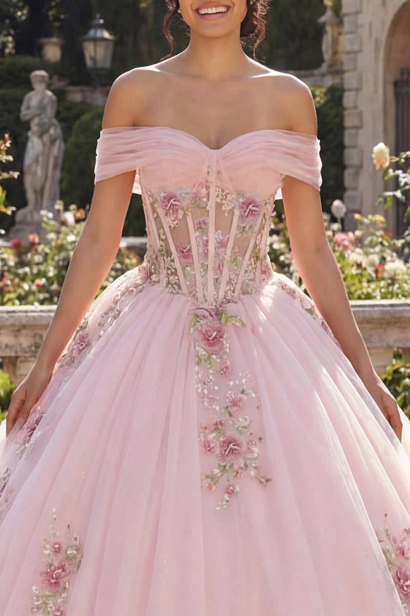 Laden Sie das Bild in den Galerie-Viewer, Off-the-shoulder Korsett Rosa Ballkleid Blumen Abschlusskleid