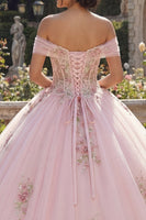 Laden Sie das Bild in den Galerie-Viewer, Off-the-shoulder Korsett Rosa Ballkleid Blumen Abschlusskleid