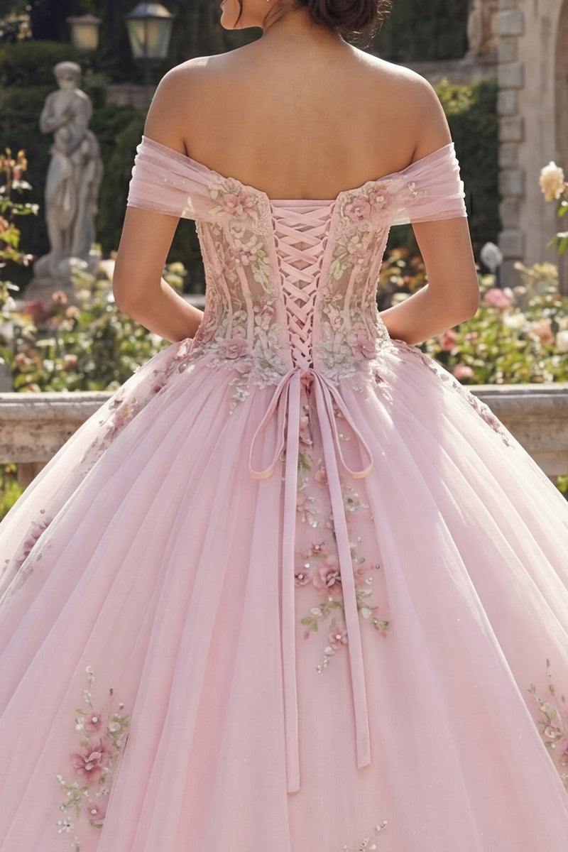 Laden Sie das Bild in den Galerie-Viewer, Off-the-shoulder Korsett Rosa Ballkleid Blumen Abschlusskleid