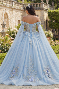 Schulterfreies Himmelblaues Abschlusskleid mit 3D-Blumen