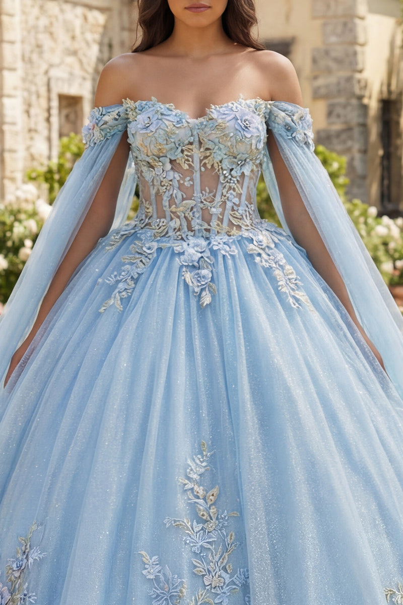 Laden Sie das Bild in den Galerie-Viewer, Schulterfreies Himmelblaues Abschlusskleid mit 3D-Blumen