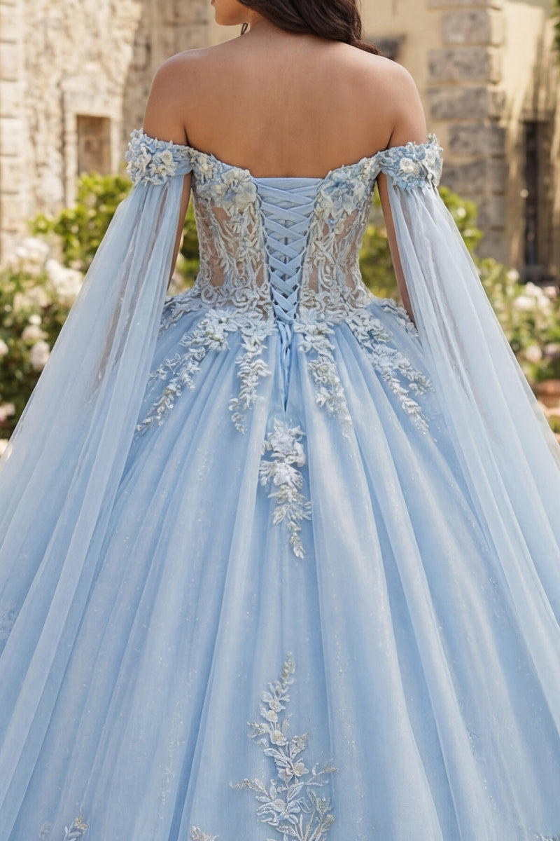 Laden Sie das Bild in den Galerie-Viewer, Schulterfreies Himmelblaues Abschlusskleid mit 3D-Blumen