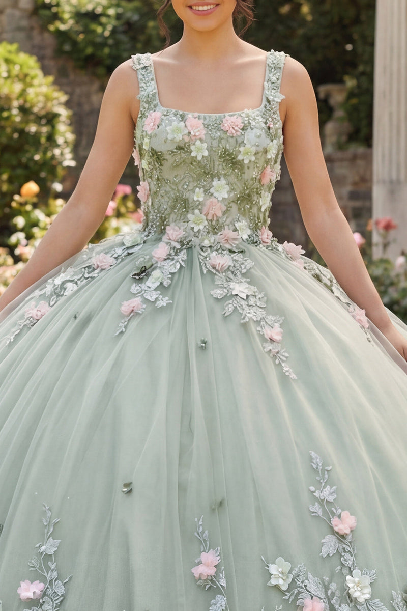 Laden Sie das Bild in den Galerie-Viewer, Dusty Sage Quadrathals Abschlusskleid mit Blumenapplikation