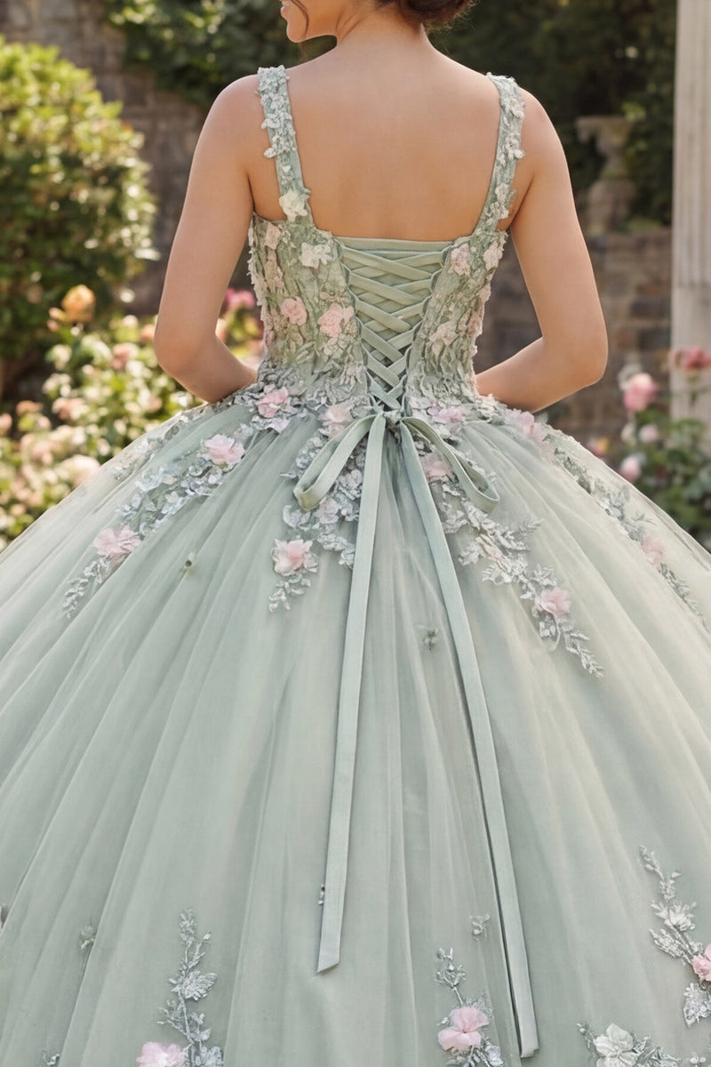 Laden Sie das Bild in den Galerie-Viewer, Dusty Sage Quadrathals Abschlusskleid mit Blumenapplikation