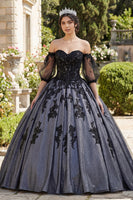 Laden Sie das Bild in den Galerie-Viewer, Off-the-shoulder Schwarzes Appliquiertes Ballkleid Abschlusskleid