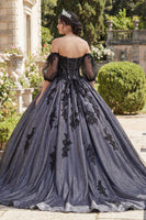 Laden Sie das Bild in den Galerie-Viewer, Off-the-shoulder Schwarzes Appliquiertes Ballkleid Abschlusskleid