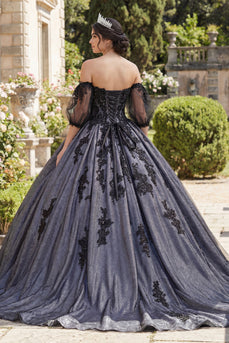 Off-the-shoulder Schwarzes Appliquiertes Ballkleid Abschlusskleid